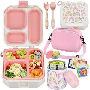 Kids bento lunch box set with thermos insulated bag leakproof food container